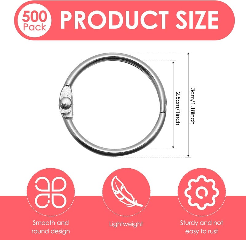 Jadive 500 Pack Loose Leaf Binder Rings 1 Inch 25 mm Office Book Flashcard Rings Metal for Index Cards Binder Clips for School Home Office Supplies, Silver - Image 2